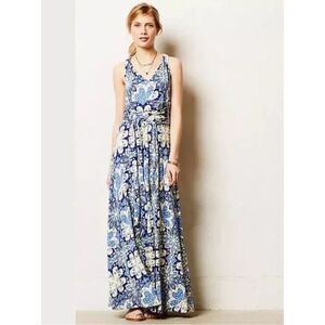 Vanessa Virginia Floral V-Neck Sleeveless Tie Waist Maxi Dress Blue White Small